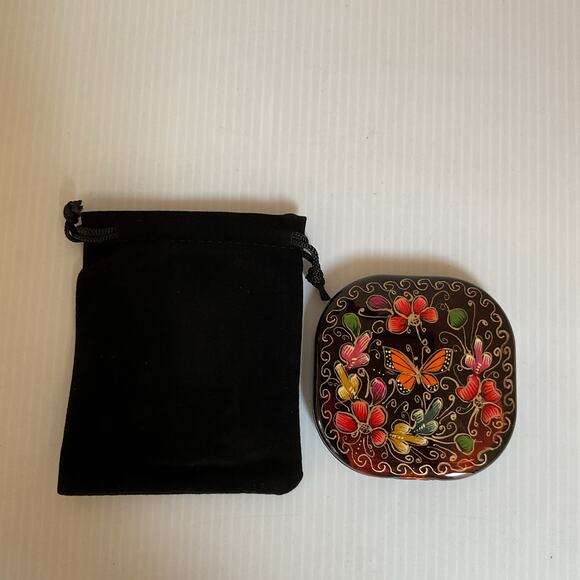 Hand-Painted Mexican Compact Mirror Monarch Butterfly Michoacán Gold Foil Art - Picture 8 of 8